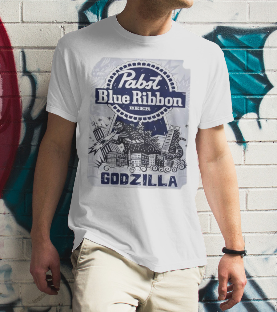 Pabst Blue Ribbon Beer Godzilla Monster Rampage Retro T-Shirt