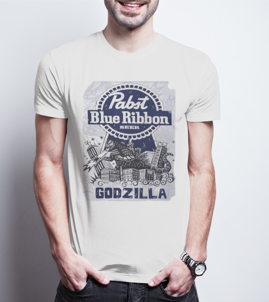 Pabst Blue Ribbon Beer Godzilla Monster Rampage Retro T-Shirt