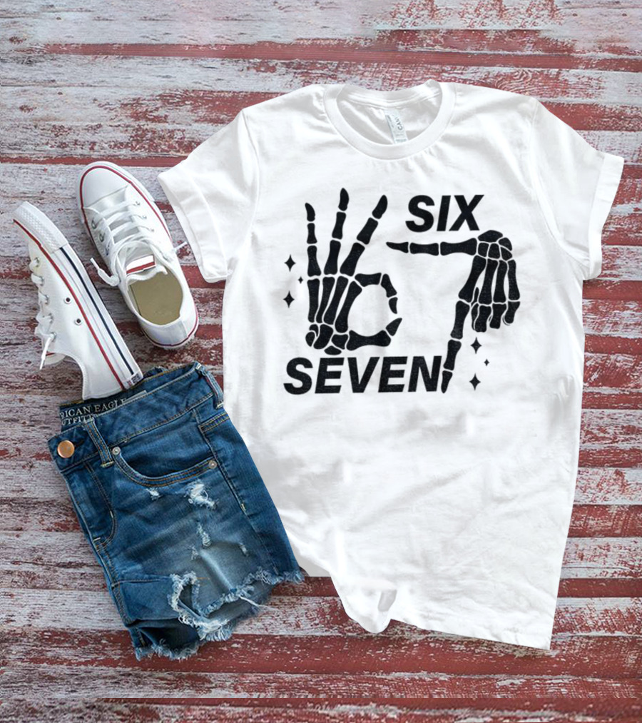 Six Seven Meme Skeleton Hands Funny Halloween T-Shirt