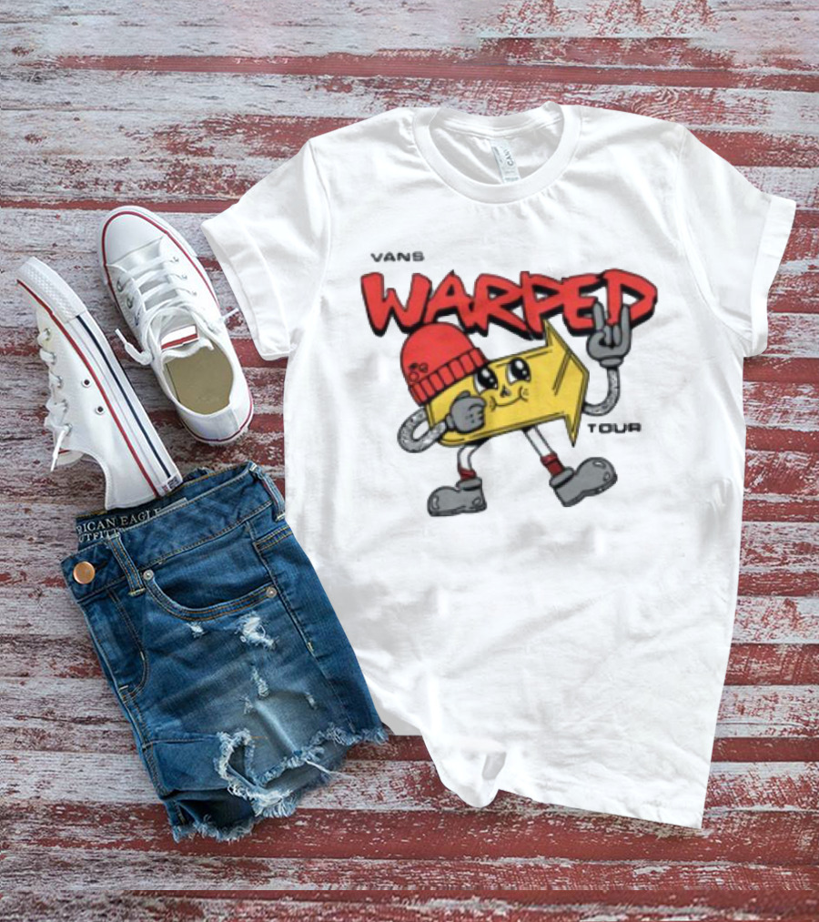 Vans Warped Tour Yellow Arrow Mascot With Red Beanie And Rock Gesture T-Shirt