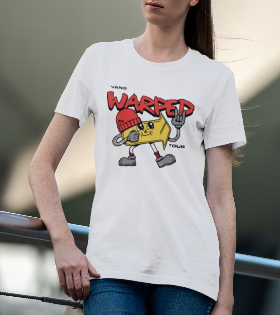 Vans Warped Tour Yellow Arrow Mascot With Red Beanie And Rock Gesture T-Shirt