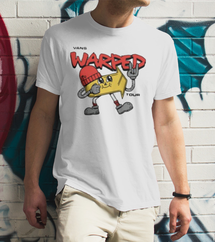 Vans Warped Tour Yellow Arrow Mascot With Red Beanie And Rock Gesture T-Shirt