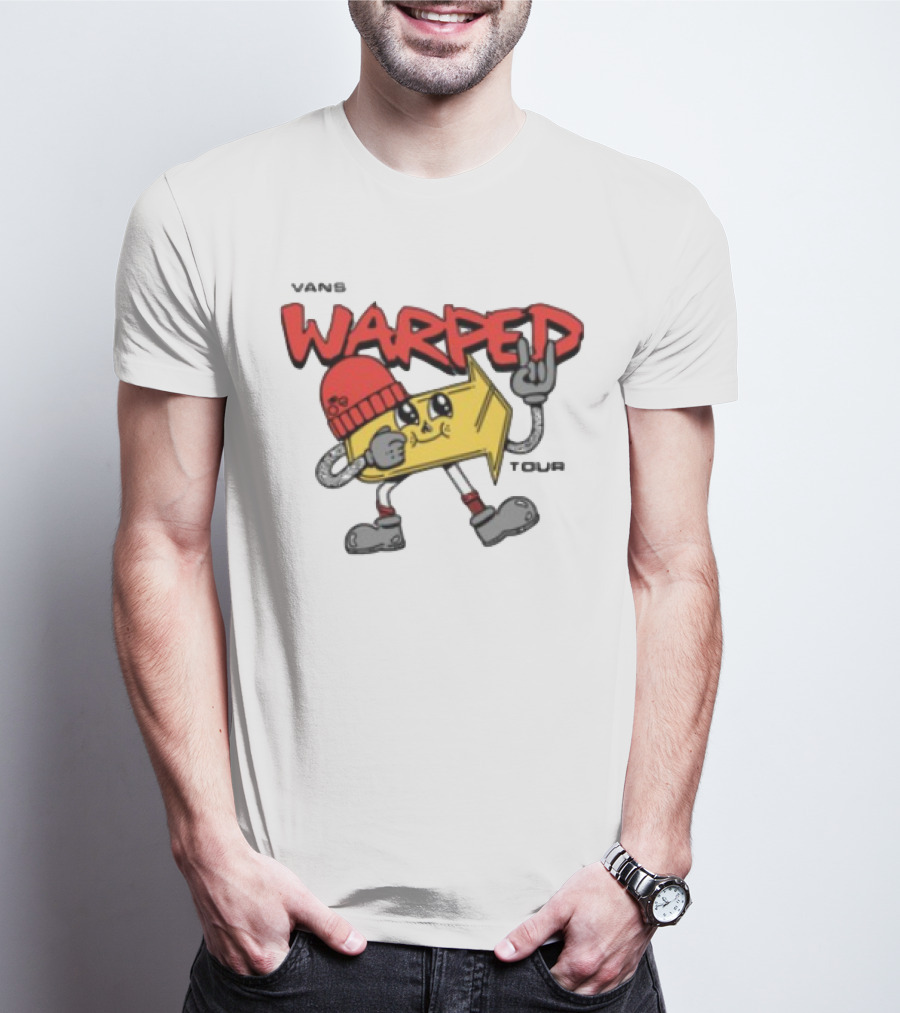 Vans Warped Tour Yellow Arrow Mascot With Red Beanie And Rock Gesture T-Shirt