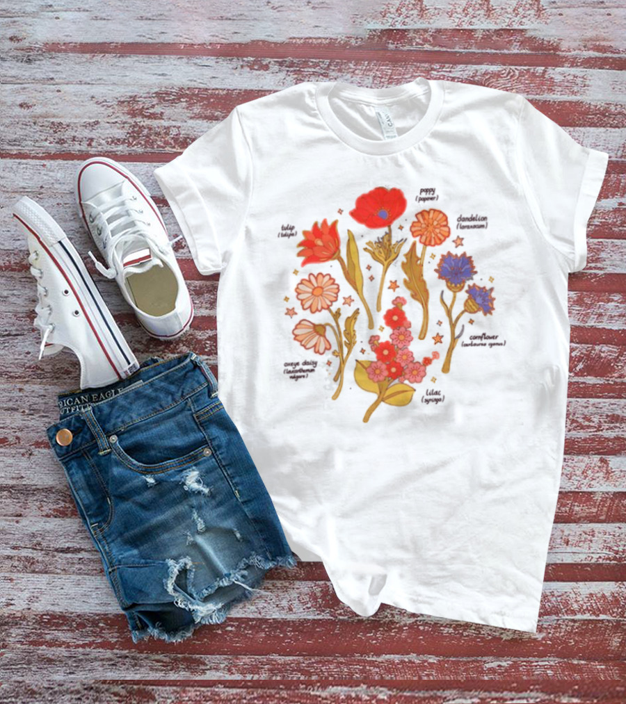 Botanical Revival Tulip Poppy Daisy Cosmos Lavender Floral Arrangement T-Shirt