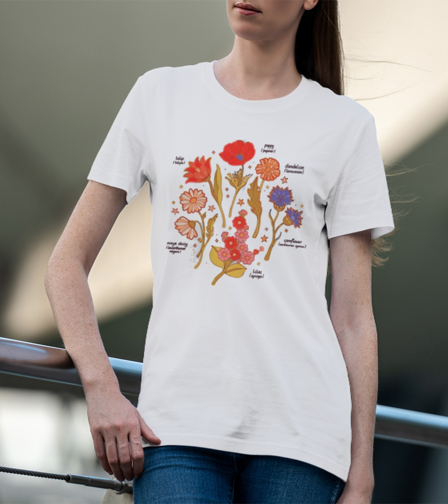 Botanical Revival Tulip Poppy Daisy Cosmos Lavender Floral Arrangement T-Shirt