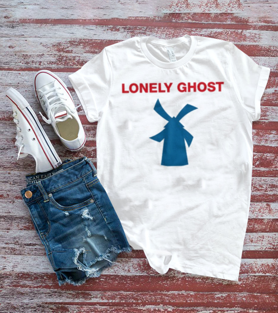 Lonely Ghost Windmill Classic Red Text Blue Silhouette T-Shirt