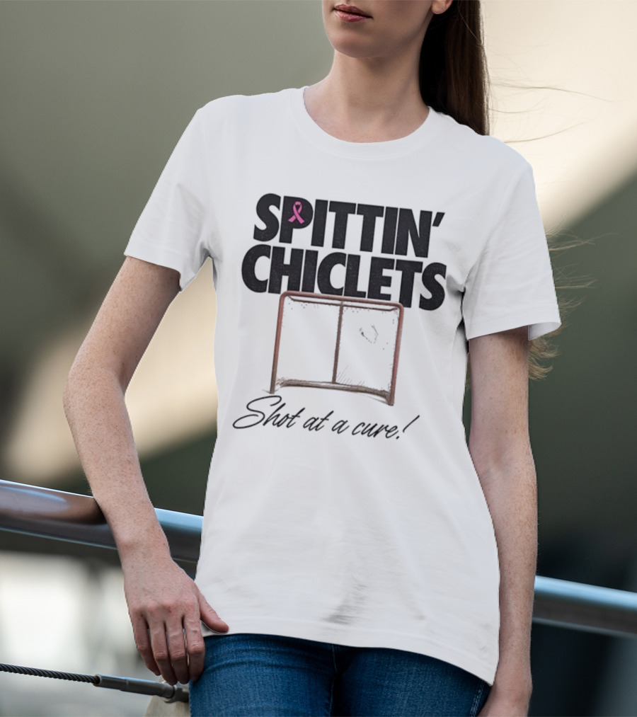 Spittin’ Chiclets Shot At A Cure Hockey Net Pink Ribbon T-Shirt