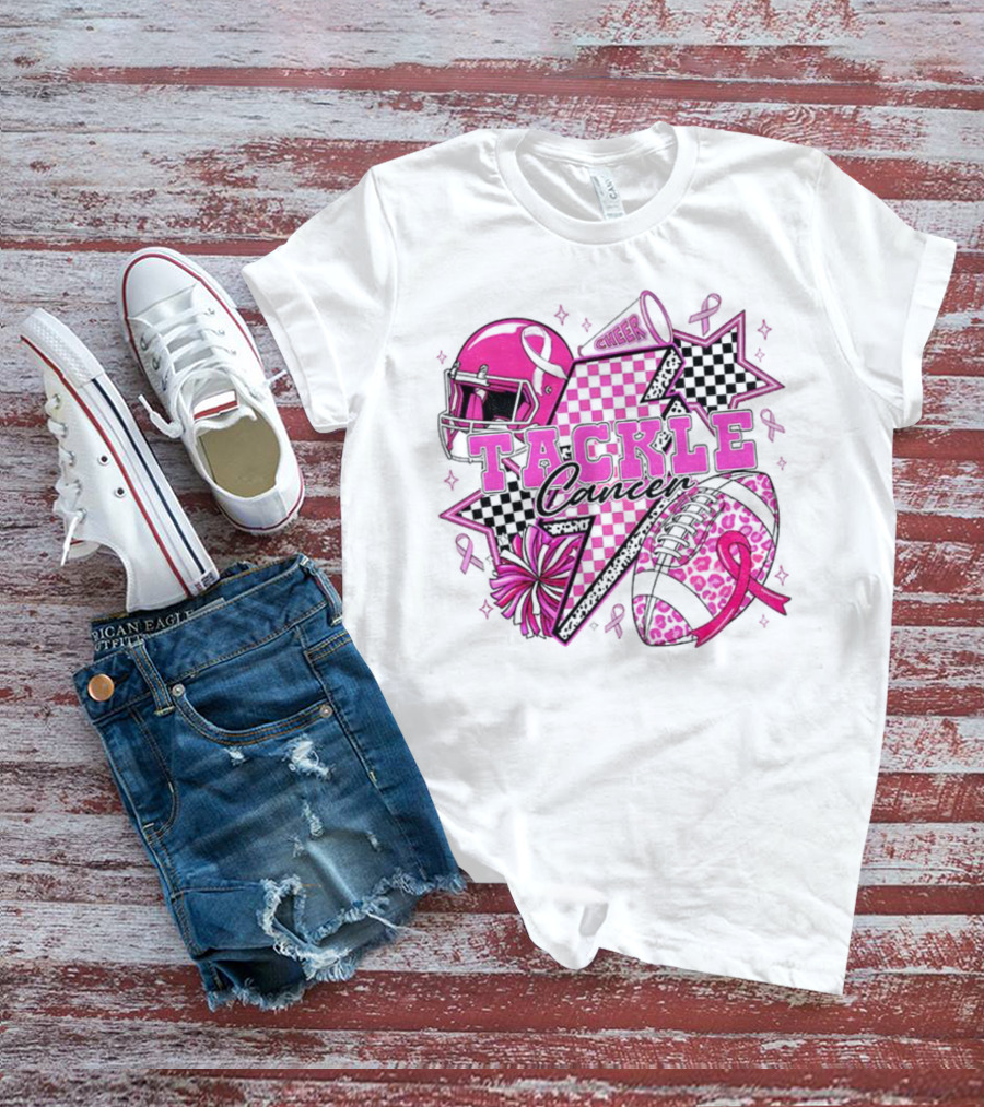 Pink Football Tackle Cancer Cheer Breast Cancer Awareness Ribbons T-Shirt