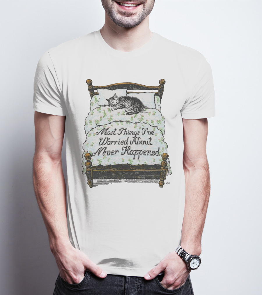 Vintage Cat Sleeps On Bed Most Things I’ve Worried About Never Happened T-Shirt