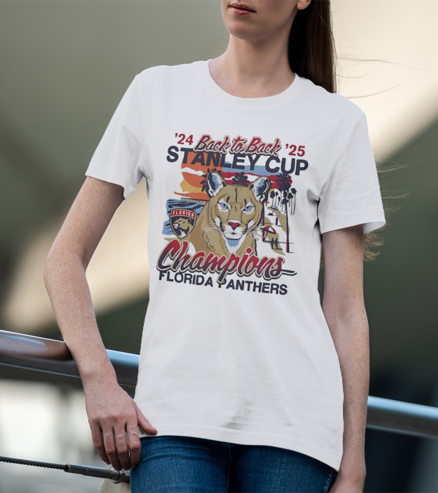 Florida Panthers Back To Back 2024 2025 Stanley Cup Champions Sunset Franklin T-Shirt