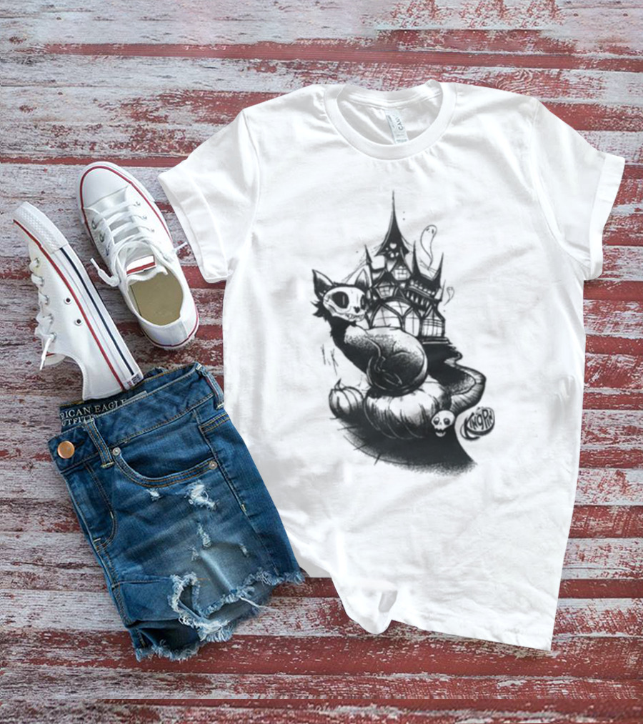 Kingpin Skelecat Haunt By Kellan Horner Ghostly Cat With Crown And Smoke T-Shirt
