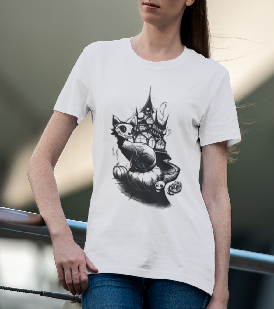Kingpin Skelecat Haunt By Kellan Horner Ghostly Cat With Crown And Smoke T-Shirt