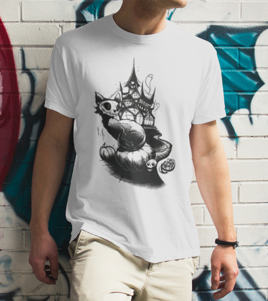 Kingpin Skelecat Haunt By Kellan Horner Ghostly Cat With Crown And Smoke T-Shirt