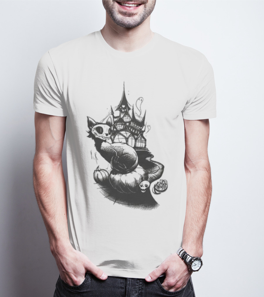 Kingpin Skelecat Haunt By Kellan Horner Ghostly Cat With Crown And Smoke T-Shirt
