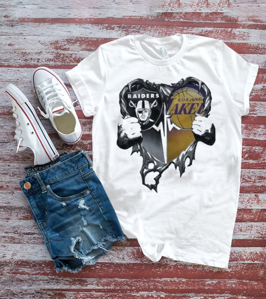 Las Vegas Raiders Los Angeles Lakers Heart Design T-Shirt