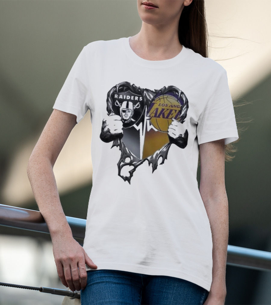 Las Vegas Raiders Los Angeles Lakers Heart Design T-Shirt