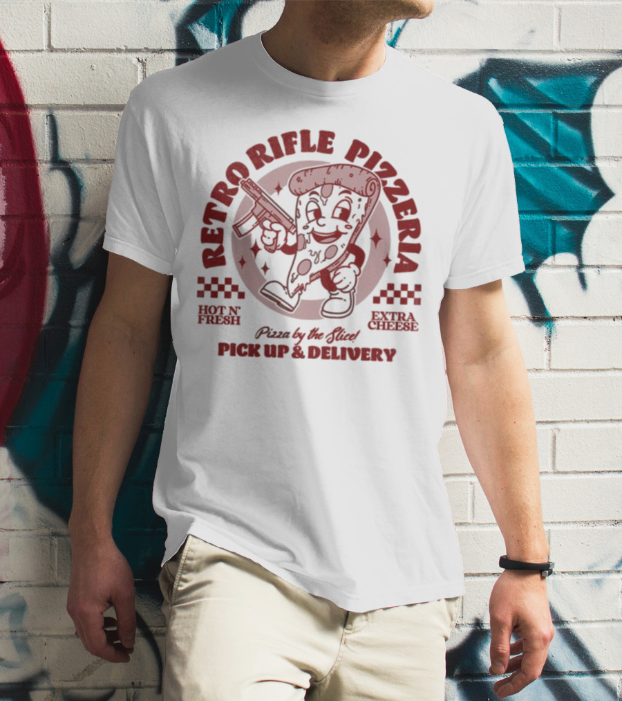 Retro Rifle Pizzeria Pick Up And Delivery Hot N Fresh Extra Cheese Pizza By The Slice T-Shirt