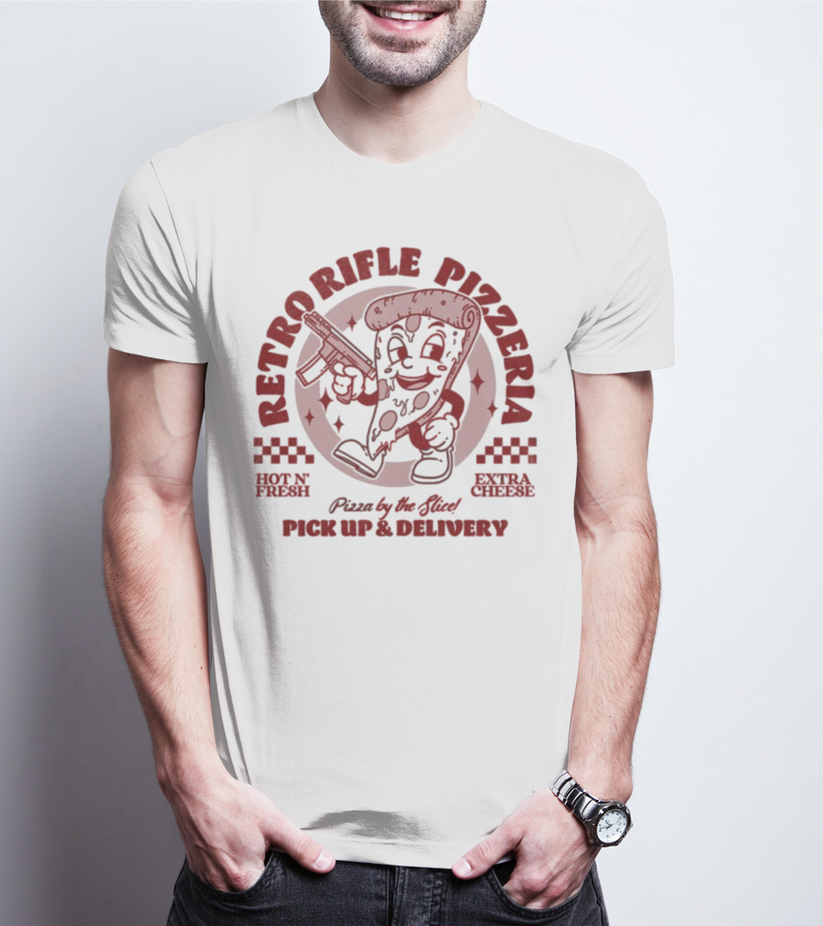 Retro Rifle Pizzeria Pick Up And Delivery Hot N Fresh Extra Cheese Pizza By The Slice T-Shirt