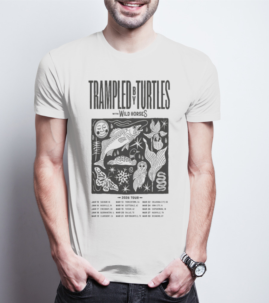 Trampled By Turtles Wild Horses 2026 Tour Dates Fish Sun Moon Flower Butterfly T-Shirt