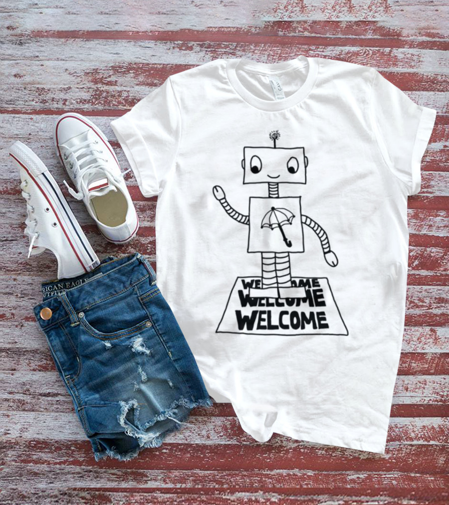 Robot Welcome Friendly Waving With Umbrella T-Shirt