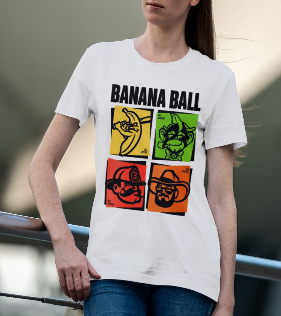 Banana Ball 2025 Cowboy Firefighter Joker Swordsman Icons Est 2016 2020 2024 2025 T-Shirt