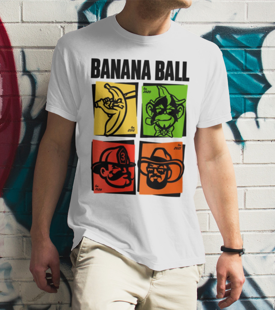Banana Ball 2025 Cowboy Firefighter Joker Swordsman Icons Est 2016 2020 2024 2025 T-Shirt
