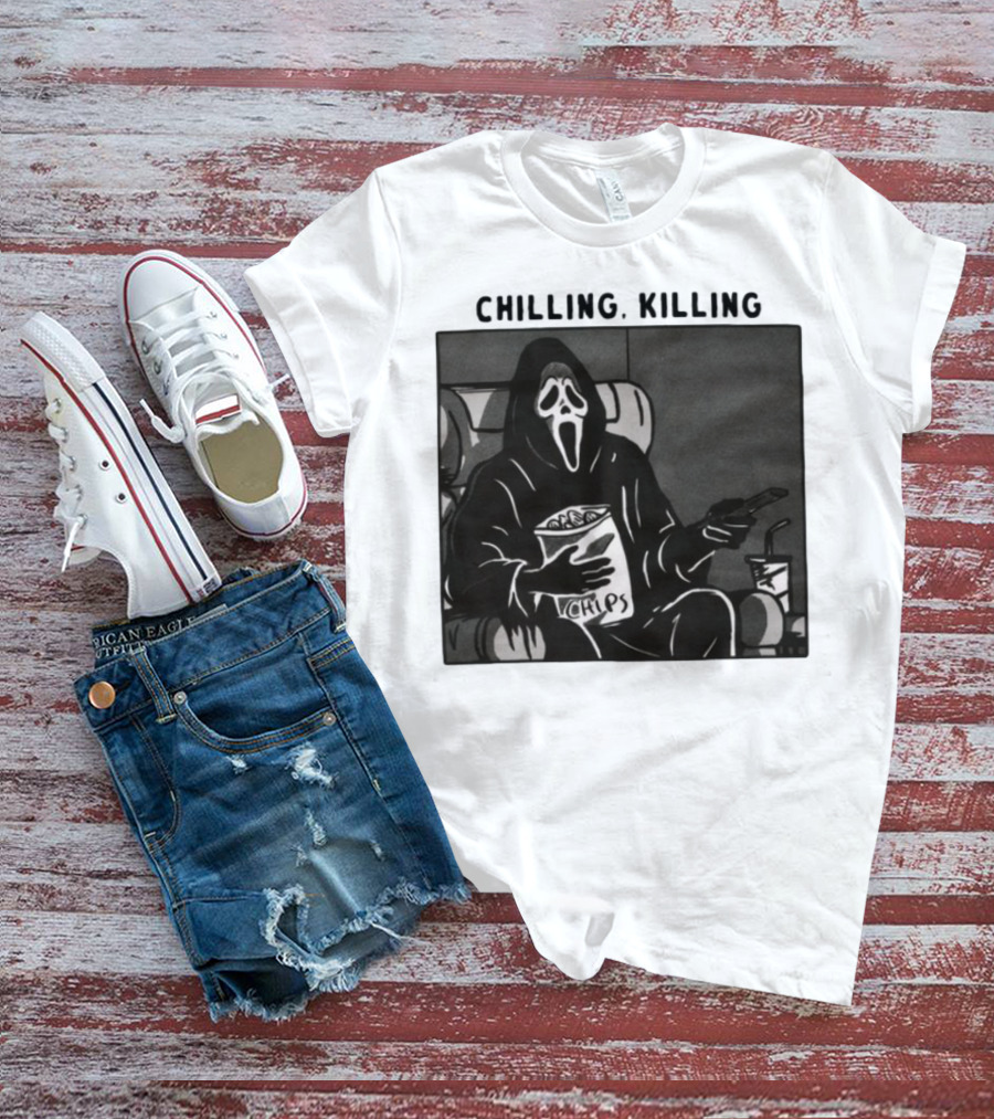 Ghost Face Chips Chilling Killing Movie Night Vibes T-Shirt