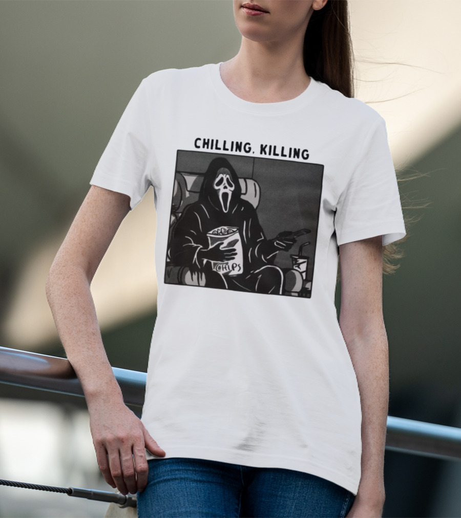 Ghost Face Chips Chilling Killing Movie Night Vibes T-Shirt