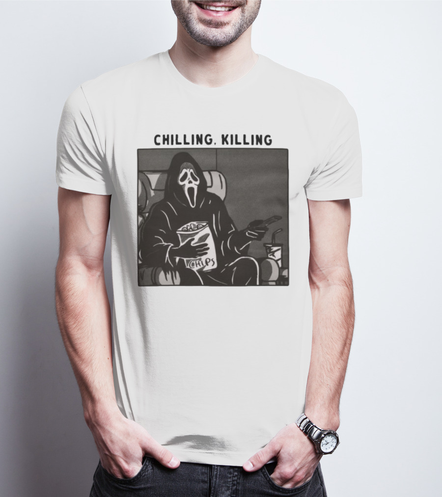 Ghost Face Chips Chilling Killing Movie Night Vibes T-Shirt