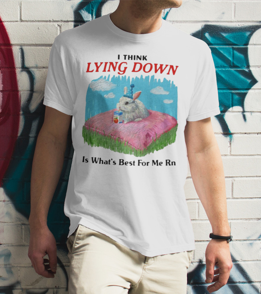 I Think Lying Down Bunny With Party Hat And Juice Box Pillow Clouds T-Shirt
