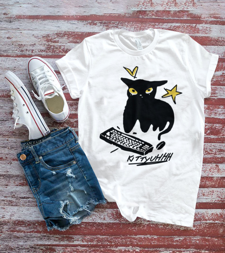 Kittyuhhh Cat At Keyboard With Yellow Eyes And Stars T-Shirt