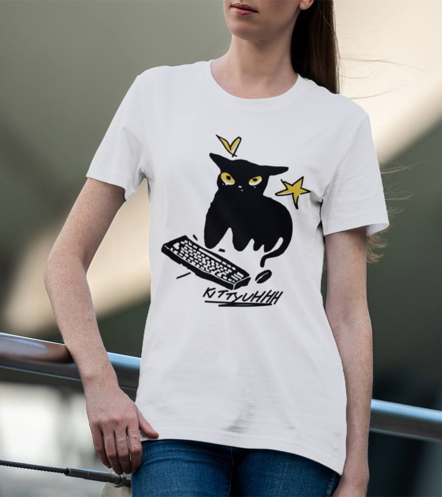 Kittyuhhh Cat At Keyboard With Yellow Eyes And Stars T-Shirt