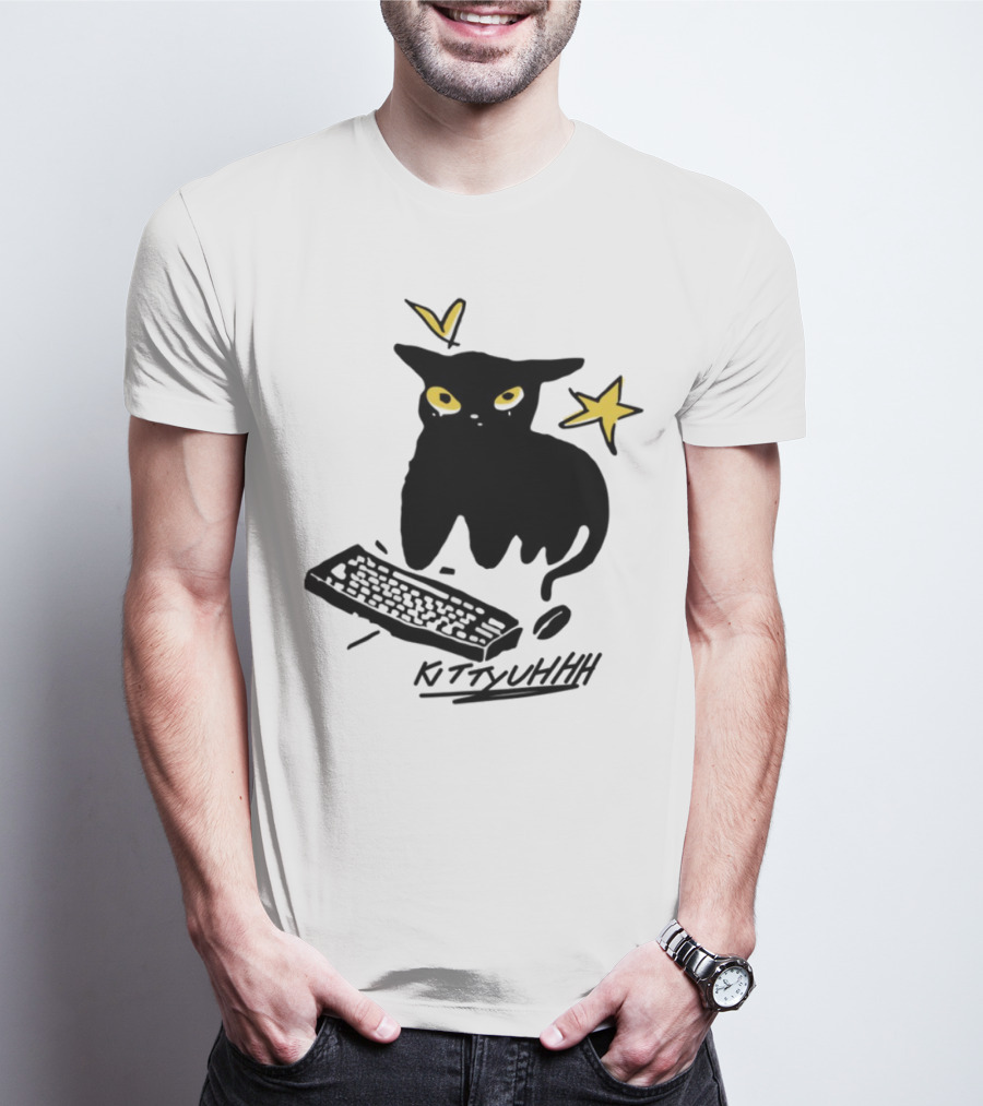 Kittyuhhh Cat At Keyboard With Yellow Eyes And Stars T-Shirt