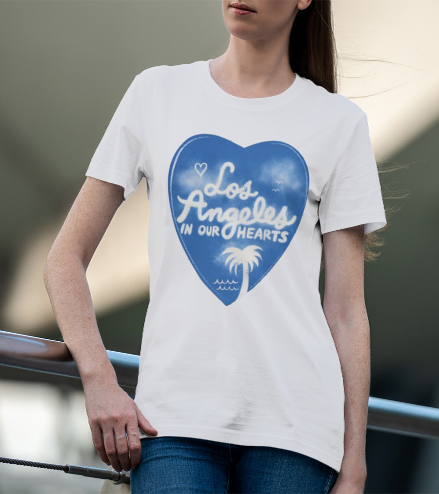Los Angeles In Our Hearts Blue Heart With Palm Tree And Waves T-Shirt
