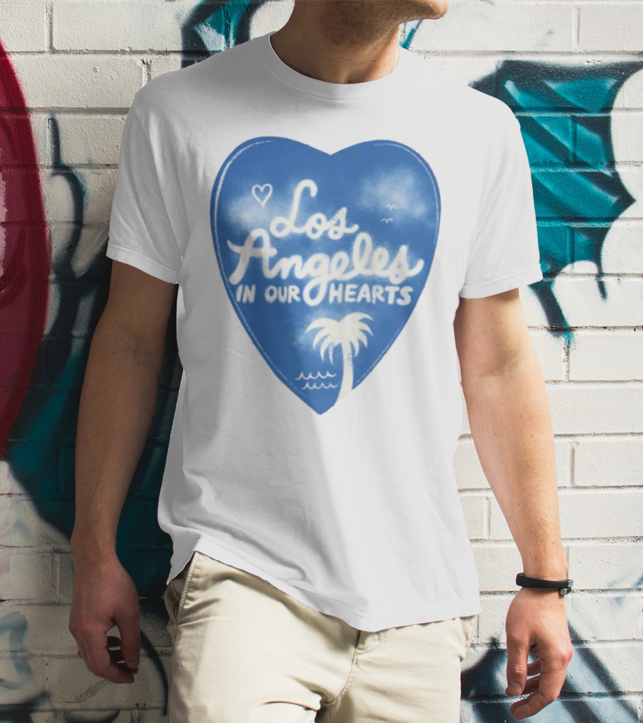 Los Angeles In Our Hearts Blue Heart With Palm Tree And Waves T-Shirt