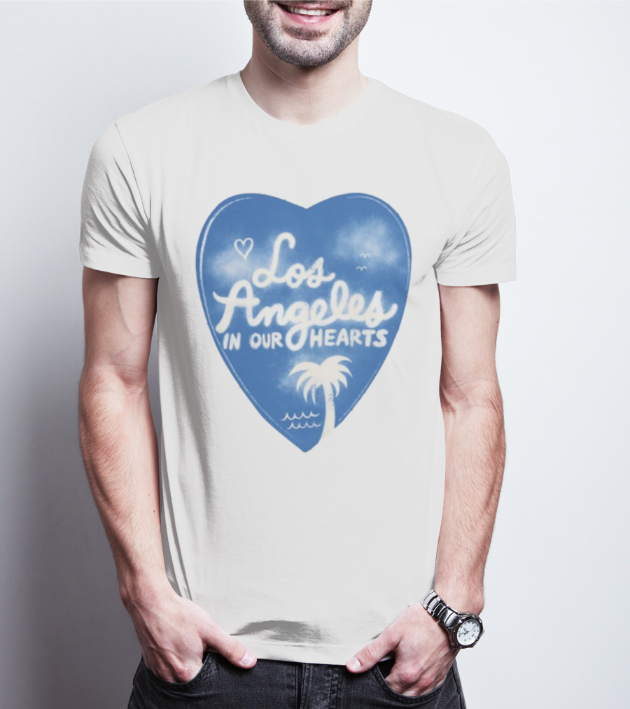 Los Angeles In Our Hearts Blue Heart With Palm Tree And Waves T-Shirt