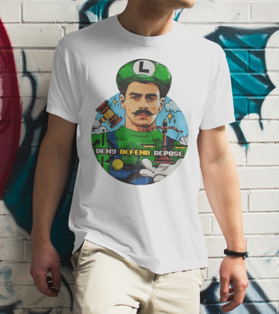 Luigi Mangione Deny Defend Depose Mario Bros Inspired Courtroom Adventure T-Shirt