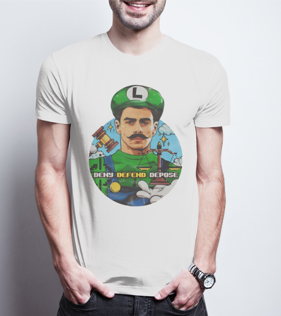 Luigi Mangione Deny Defend Depose Mario Bros Inspired Courtroom Adventure T-Shirt