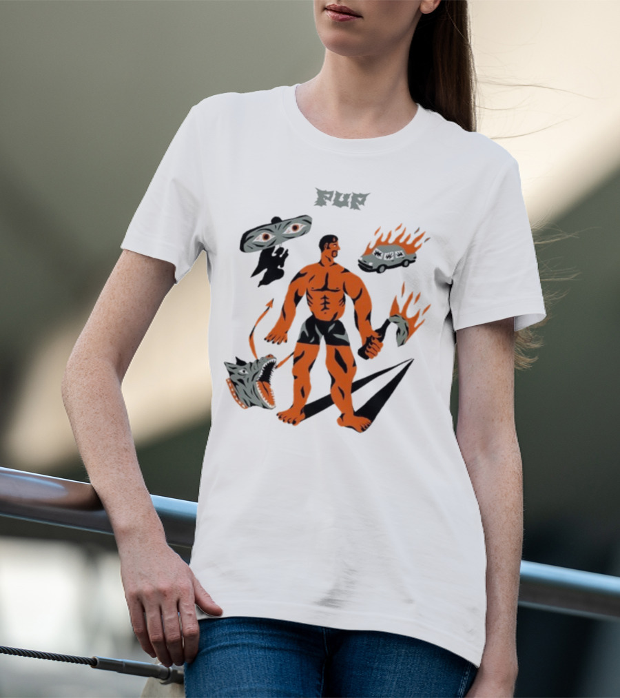 Pup Muscle Man Flaming Car And Wolf T-Shirt