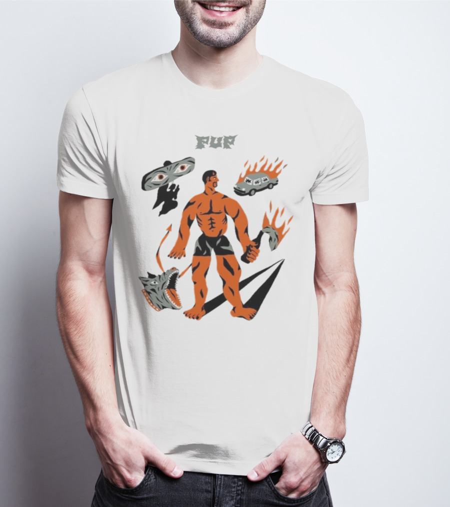 Pup Muscle Man Flaming Car And Wolf T-Shirt