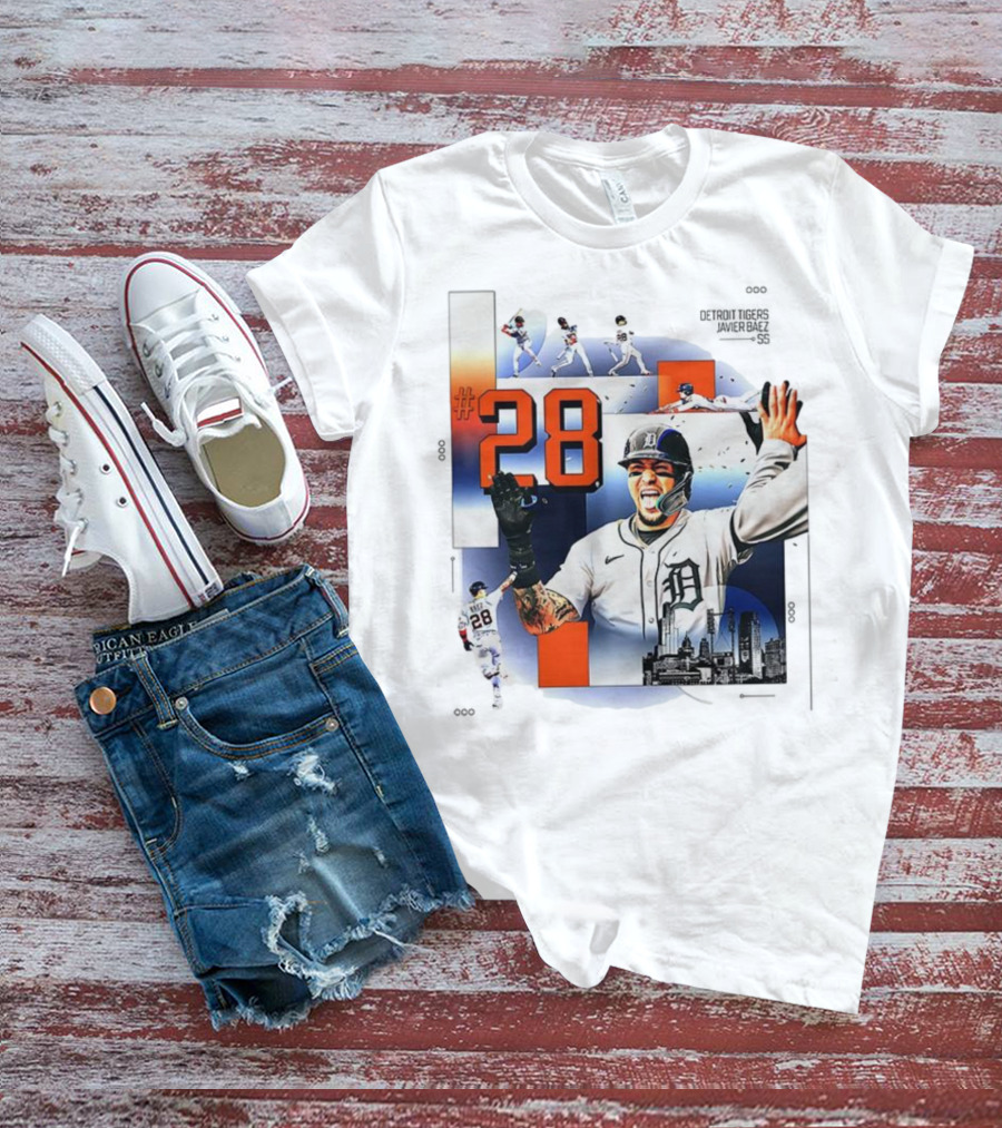 Javier Báez Detroit Tigers Number 28 Baseball Action High Five Urban Skyline T-Shirt