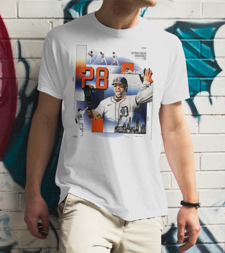 Javier Báez Detroit Tigers Number 28 Baseball Action High Five Urban Skyline T-Shirt