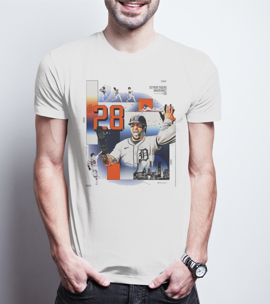 Javier Báez Detroit Tigers Number 28 Baseball Action High Five Urban Skyline T-Shirt