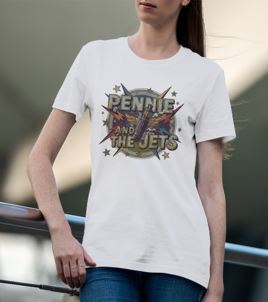 Pennie And The Jets Retro Style Music Rocket Winged Stars T-Shirt