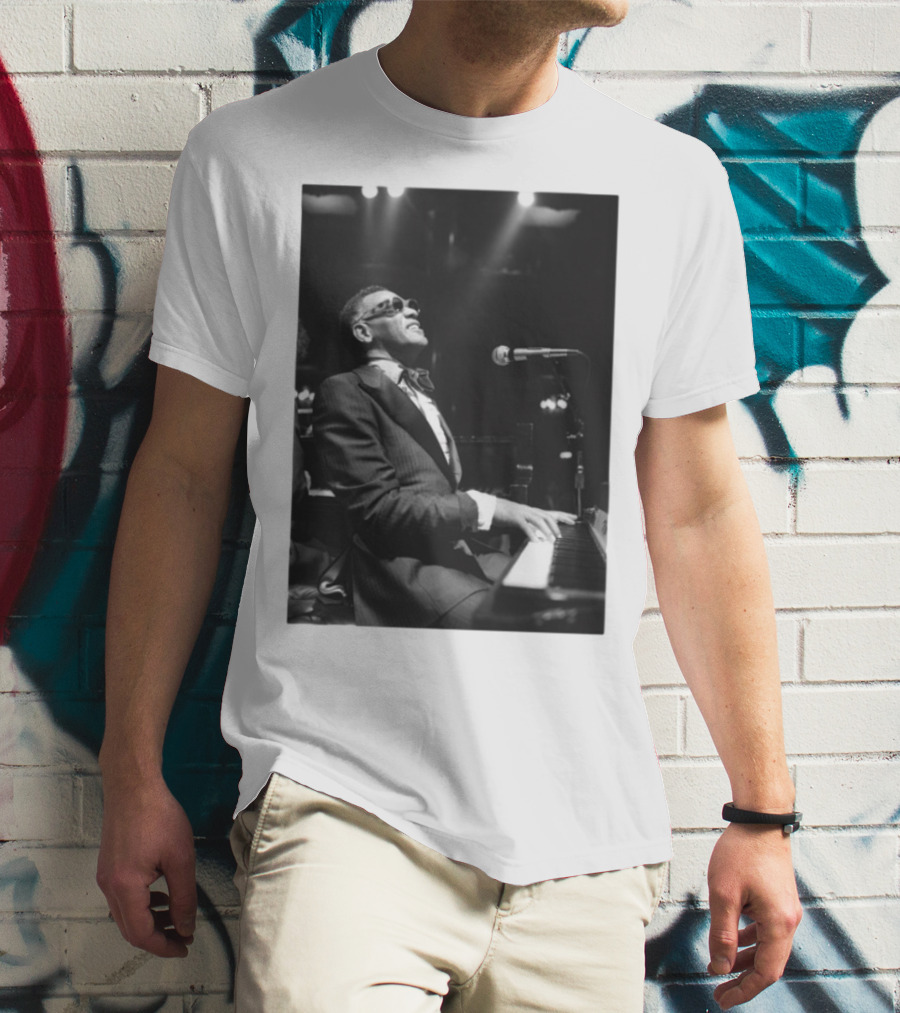 Ray Charles Live On Stage At The Piano In Black And White T-Shirt