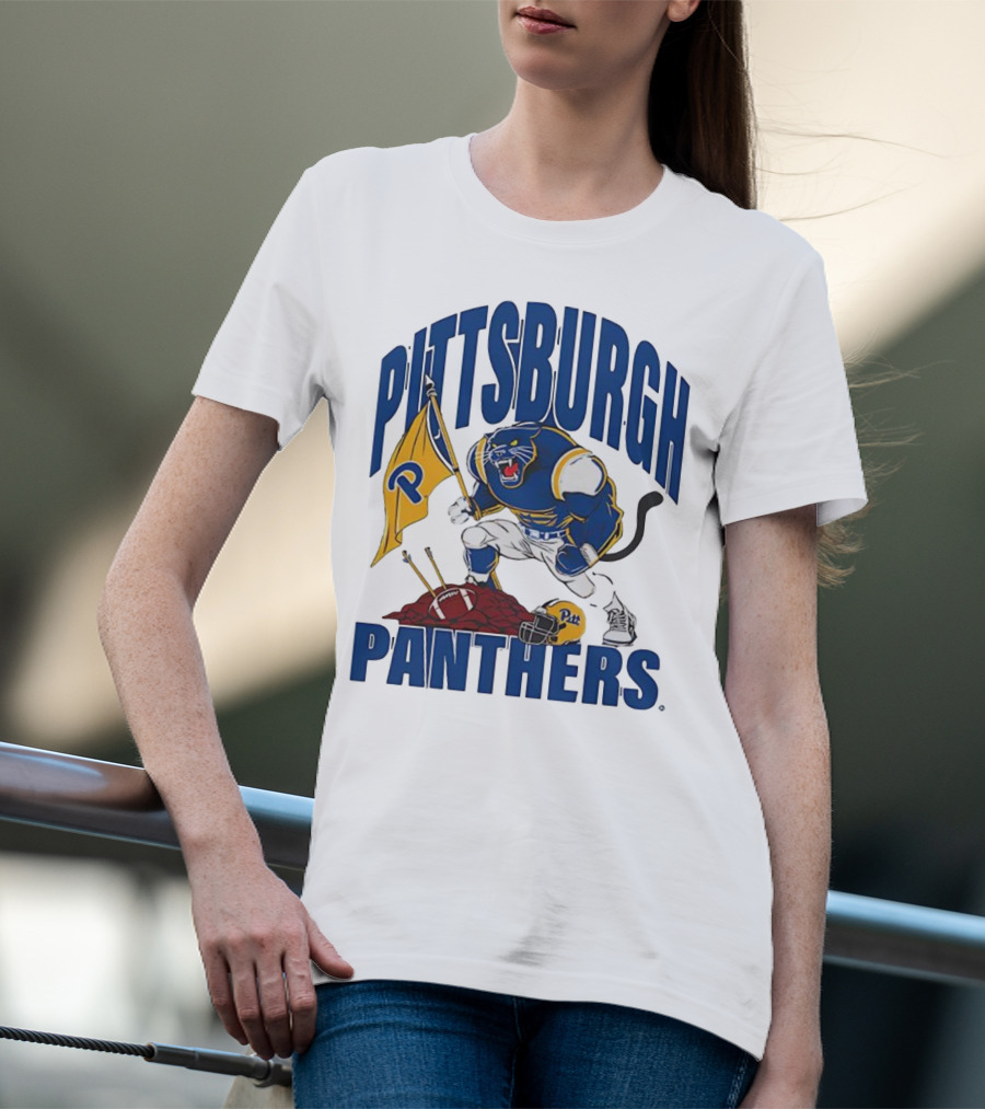 Pittsburgh Panthers Pitt Mascot Planting Flag Football Helmet T-Shirt