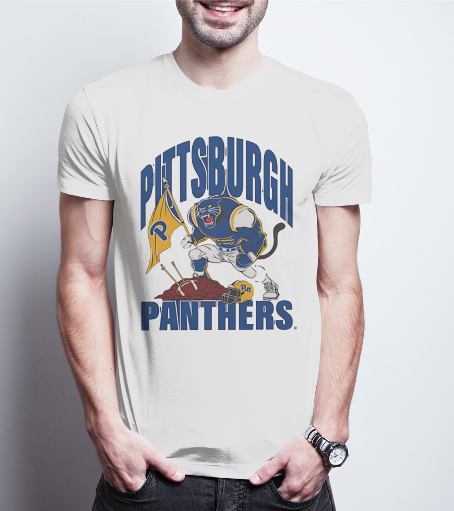 Pittsburgh Panthers Pitt Mascot Planting Flag Football Helmet T-Shirt