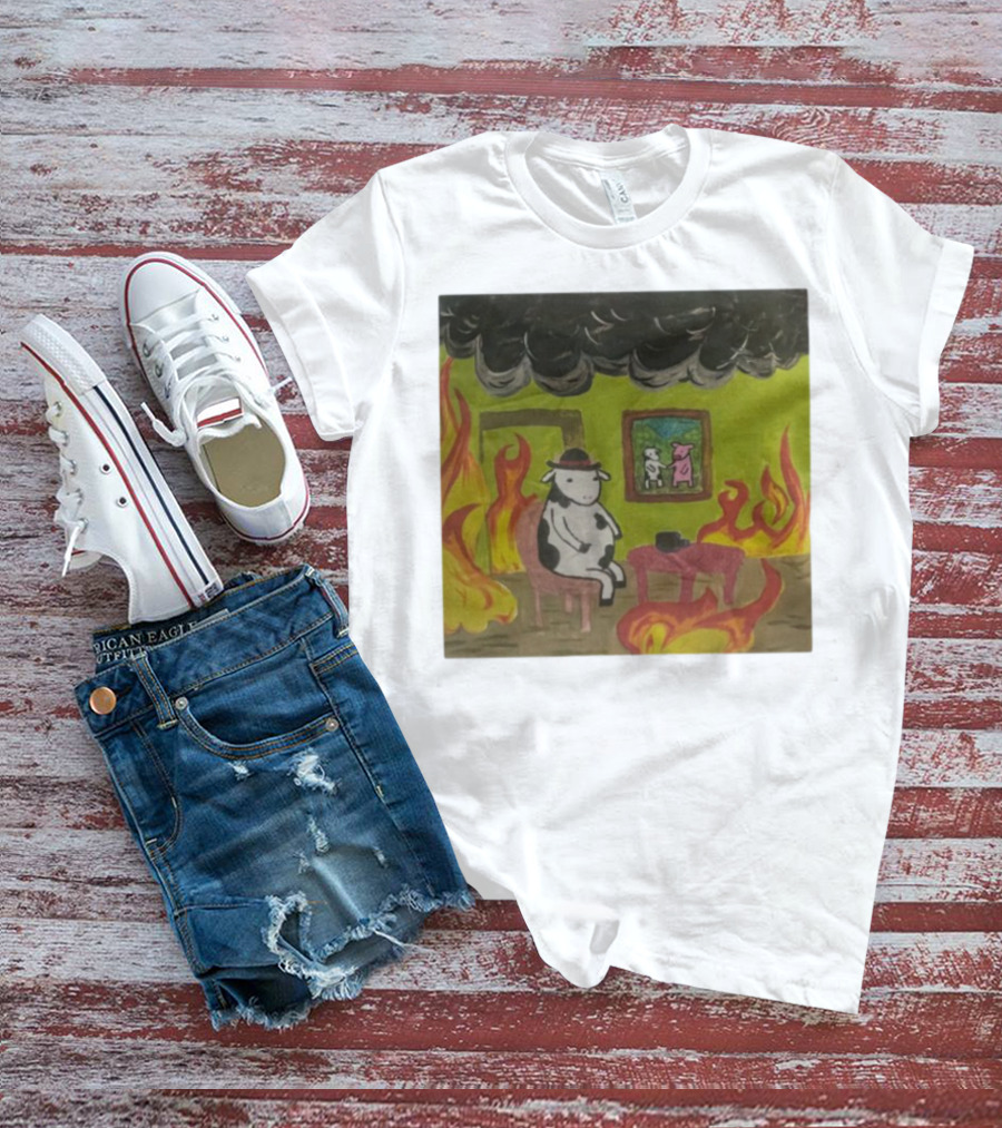 This Is Fine Cow Meme Fire Scene Surreal Humor T-Shirt
