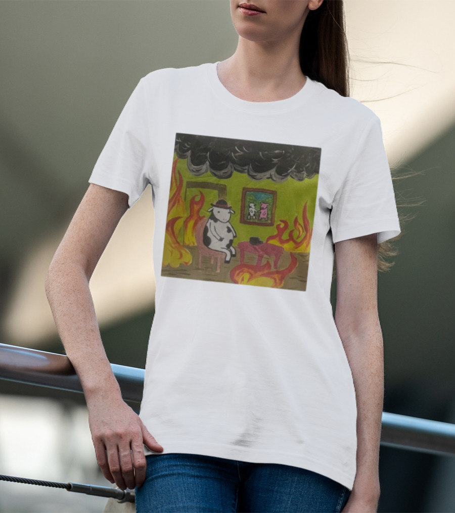 This Is Fine Cow Meme Fire Scene Surreal Humor T-Shirt