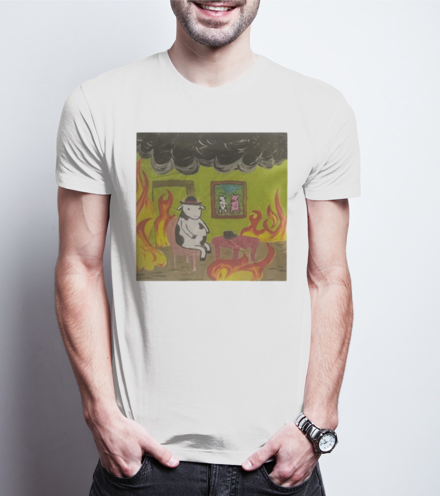 This Is Fine Cow Meme Fire Scene Surreal Humor T-Shirt